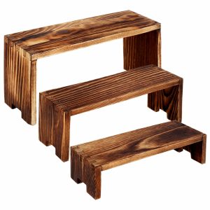 3Pcs Wood Display Risers Rectangular Pine Display Stands Stackable Wood Cake Display Riser Stands Decorative Display Rack Shelf Organizer for Flowers Desserts Cupcake Dolls