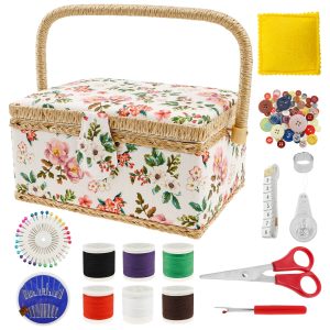 Sewing Basket with Accessories Practical Sewing Basket Organizer with Removable Tray Portable Sewing Box Vintage Sewing Supplies Basket for Needles Thread Sewing Mending