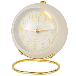 Small Desk Clocks Battery Operated Desk Alarm Clocks with Light Table Alarm Clocks Vintage Silent No Ticking Analogue Small Clock for Bedside Bedroom Kitchen Office Travel (Milky White/Pink)
