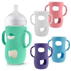 5 Pcs Easy Grip Baby Bottle Holder Anti Breakage Glass Bottle Silicone Sleeve with Handle and Window for Newborn Boy Girl