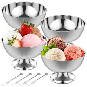 4 Pcs Stainless Steel Ice Cream Bowl with 4 Fork Reusable Pudding Cup Portable Dessert Bowl for Dessert Sundae Salad Cocktail Condiment Trifle