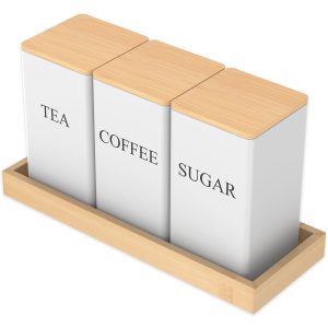 3 Pcs Metal Tea Coffee Sugar Canisters with Bamboo Lid and Tray Versatile Tea Coffee Sugar Storage Jars Space Saving Food Storage Jars for Kitchen Counter