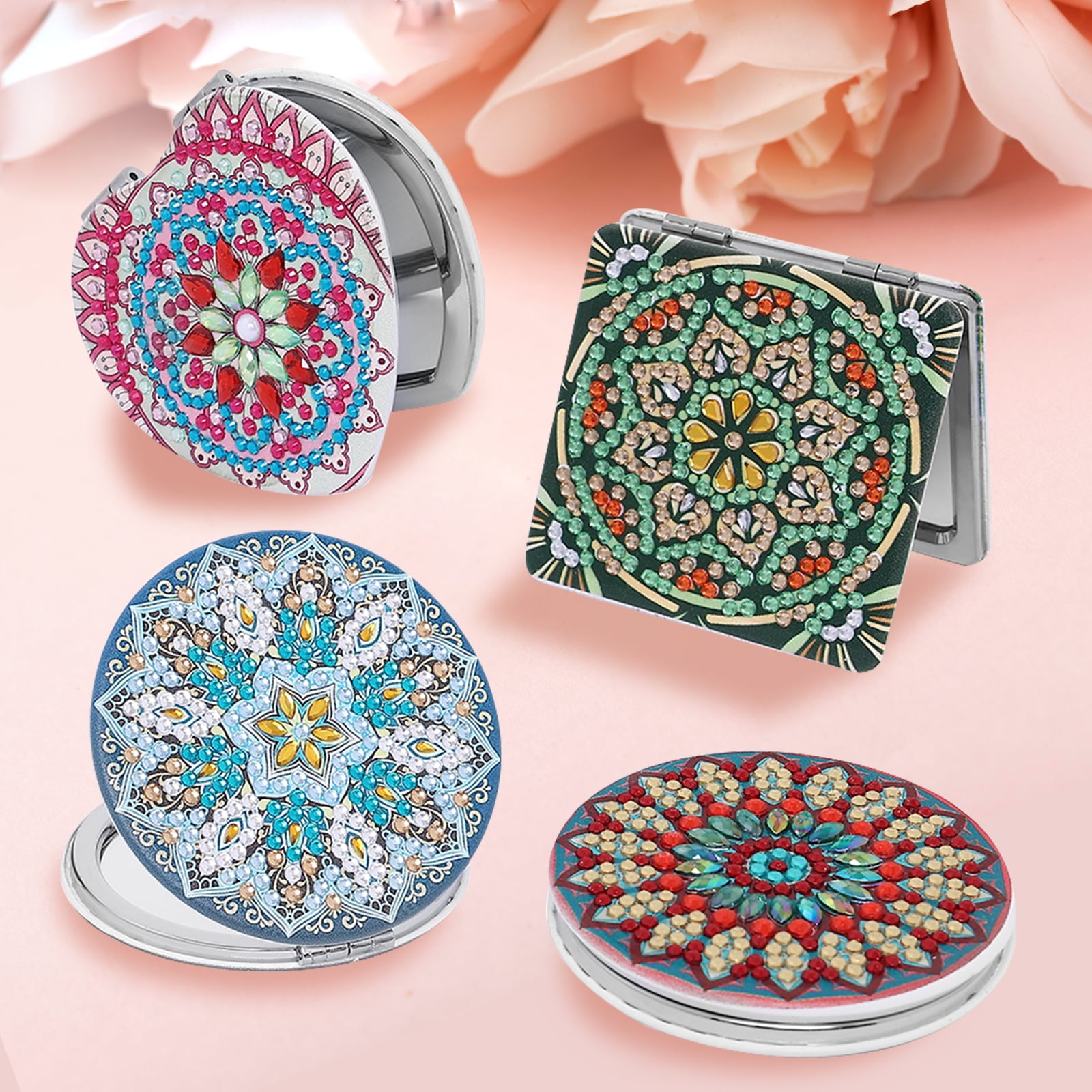 BUTORY 4Pcs Diamond Painting Pocket Mirror Set DIY Compact Mirror with Diamond Painting Cover Portable Folding Mirror Diamond Painting Art Kits Mandala Style Double Side Pocket Mirror