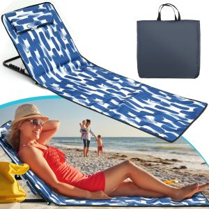 Oxford Cloth Beach Sun Chair Mat Adjustable Tilt Angle Folding Tanning Mat Waterproof Beach Mat Lounge Chair With Pocket for Holidays Garden Camping Park