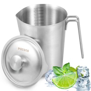 48 oz/64 oz Stainless Steel Pitcher with Lid Rustproof Stainless Steel Measuring Cup with Marking and Handle for Home Kitchen Restaurant Bar