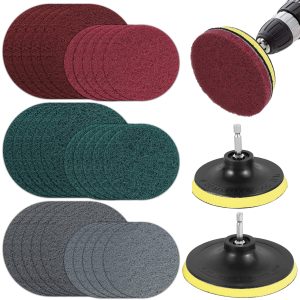 BUTORY 32Pcs Round Scrub Pads 4/5inch Wear-Resistant Power Drill Scouring Pad with 4/5inch Disk Pad Holder Reusable Tile Cleaning and Polishing Pad Kit for Tile Bathtub Glass