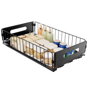 Pull Out Cabinet Organizer Carbon Steel Slide Out Shelf Storage Drawer Smooth Quiet Sliding Drawer Pantry Shelf No Drill Sliding Drawer Storage Organizer for Kitchen Bathroom