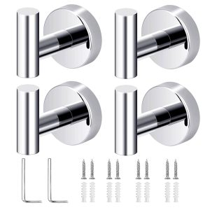 4 Pack Bath Towel Hooks Heavy Duty Wall Mount Towel Holder Chrome Finish Towel Rack Robe Coat Loofah Hooks for Bathroom Kitchen, Stainless Steel Hanging Wall Hooks- Silver