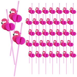 150 Pcs Paper Drinking Straw 3D Fruit Paper Straws Flamingo Shape Design Striped Paper Straw Recyclable Drinking Straw for Bars Decors Hawaiian Beach Party
