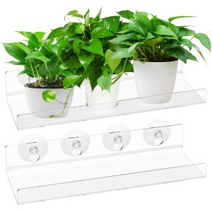 2Pcs Acrylic Window Flower Shelf Transparent Suction Cup Flower Bracket Easy Install Wall Floating Shelf for Bathroom Kitchen