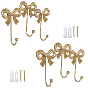 2Pcs Bow Wall Hook Decorative Bow Knot Hanger Multipurpose Gold Towel Hook Wall Mounted Hat Hanger for Living Room Bedroom