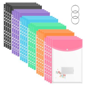 24 Pcs Plastic Envelopes Binder Pocket with 11 Holes Waterproof Envelopes Binder Folder with Snap Button and Label Pocket for School Home Office
