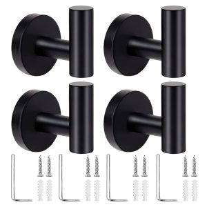 4 Pack Bath Towel Hooks Heavy Duty Wall Mount Towel Holder Chrome Finish Towel Rack Robe Coat Loofah Hooks for Bathroom Kitchen, Stainless Steel Hanging Wall Hooks- Black
