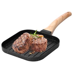 Aluminium Alloy Square Grilling Pan for All Stoves Nonstick Grill Skillet Steak Pan Versatile Wood Handle Stove Top Grill Pan for Indoor Cooking Outdoor Grilling