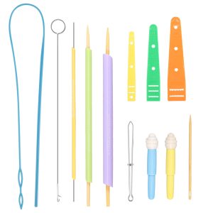 12Pcs Quick Turn Fabric Set Multipurpose Fabric Tube Turner Tool Set DIY Knitting Threading Tool with Loop Turner Hook Tweezers Drawstring Threader for DIY Sewing