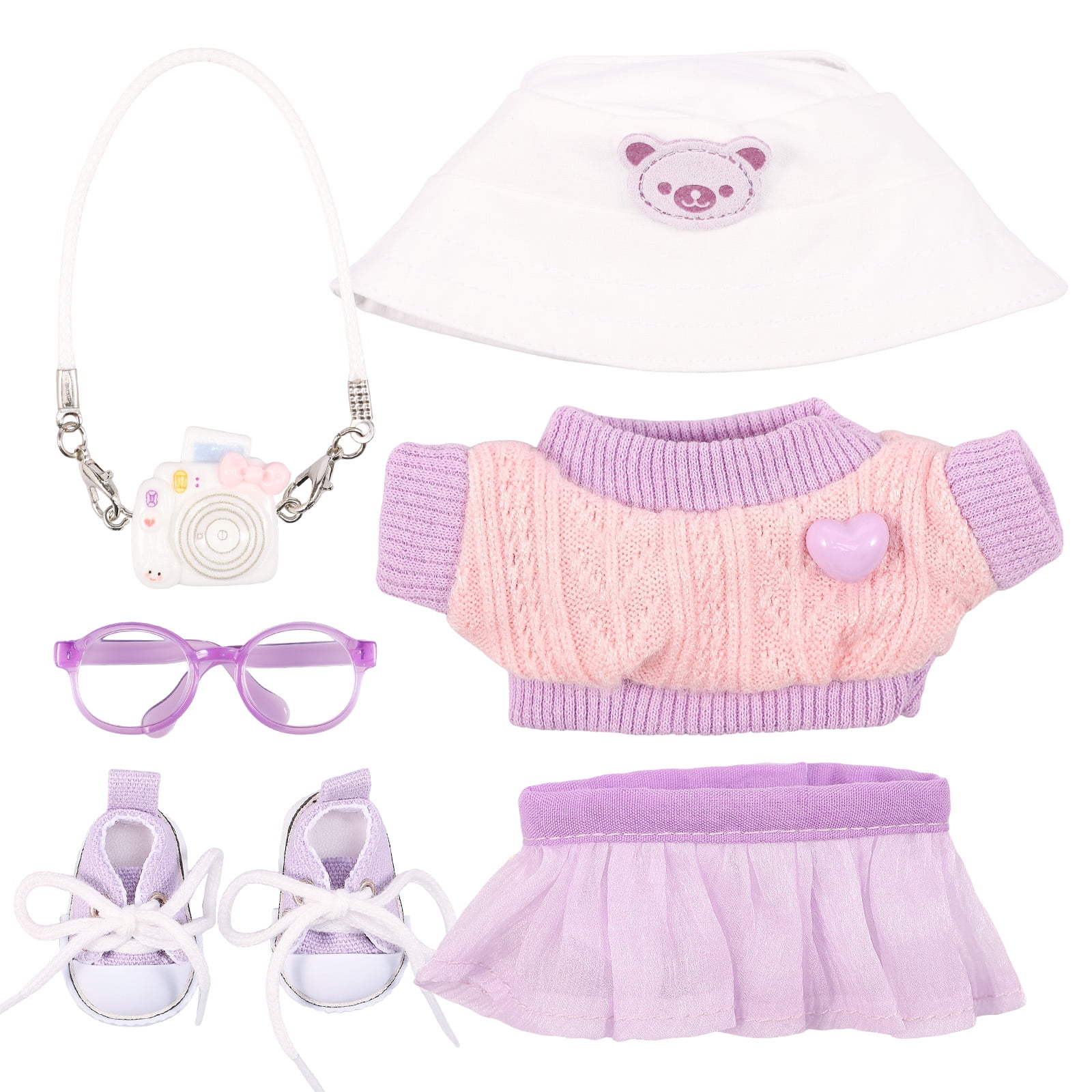 6Pcs Doll Clothes Outfit Set Include Overall Hat Shoes Glasses Camera for 15cm and 17cm Doll Exquisite Clothing Set Christmas Present