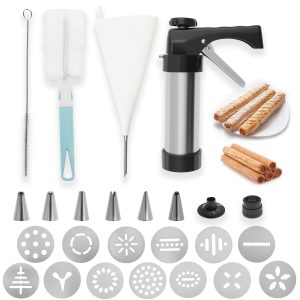 Churro Maker Ergonomic Grip Stainless Steel Churro Press Kit with Mounting Spout and Flake for Doughnut Biscuit Cupcake