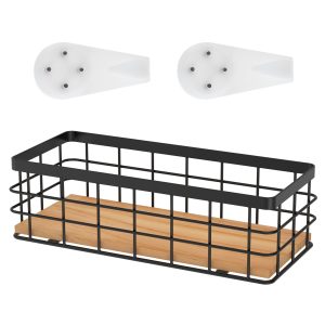 Metal Basket with Wood Base Rectangular Metal Wire Basket Elegant Metal Wire Storage Basket Decorative Toilet Paper Basket Versatile Bathroom Basket for Bathroom Kitchen