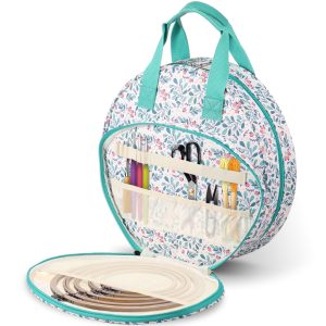 Embroidery Bag Sturdy Oxford Cloth Cross Stitch Bag with Multiple Pockets and Handle Double Layer Round Embroidery Project Bag for Embroidery Hoops Floss Threads