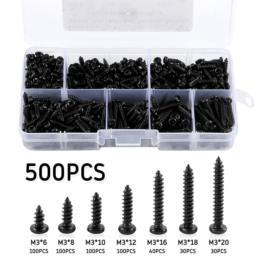 Rzvnmko 500 PCS M3 Black Self Drilling Screws, Round Head Self-tapping Screws for Soft Wood Metal, with Plastic Box