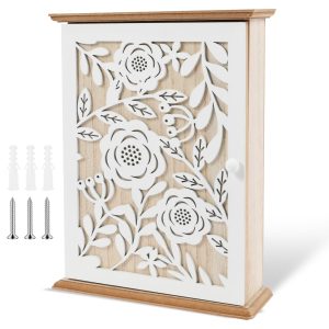 Wood Key Box Decorative Wall Key Holder with 6 Key Hooks Practical Wood Key Cabinet Multifunctional Wood Key Holder Box for Entryway Doorway Hallway Living Room Bathroom