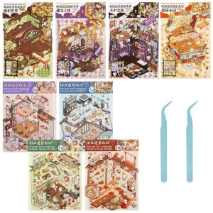 8Pcs DIY 3D House Stickers Set Reusable 3D Cartoon Scene Stickers Funny Mini Room Scene Sticker Cute 3D Miniature Scene Sticker 3D Sticker Scene for Adults