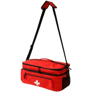 Double Layer Travel Medicine Bag Organizer with Detachable Dividers Zippered Medical Bag Empty with Top Handle and Removable Shoulder Strap for Emergency Red