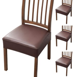 4Pcs Dining Chair Covers Set Waterproof PU Dining Chair Seat Covers Stretch Dining Chair Seat Slipcovers Removable Chair Covers Washable Chair Seat Protector for Home Restaurant