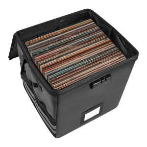 Vinyl Record Storage Bag with Lock and Handle Fireproof Waterproof Foldable Record Case with Mesh Pocket for Home Studio