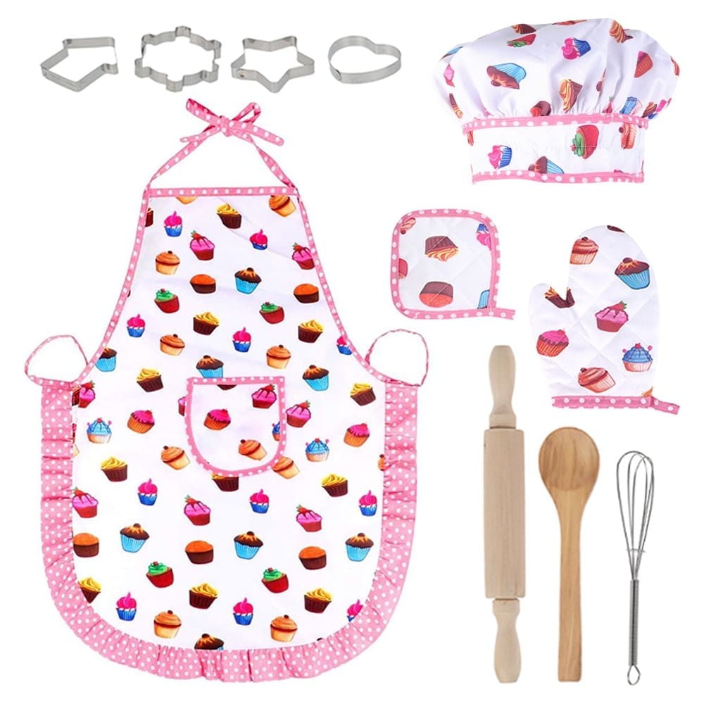 ODOMY Cooking and Baking Set,Kids Chef Set, Apron for Little Girls, Kids Age 3-10, Multicolor