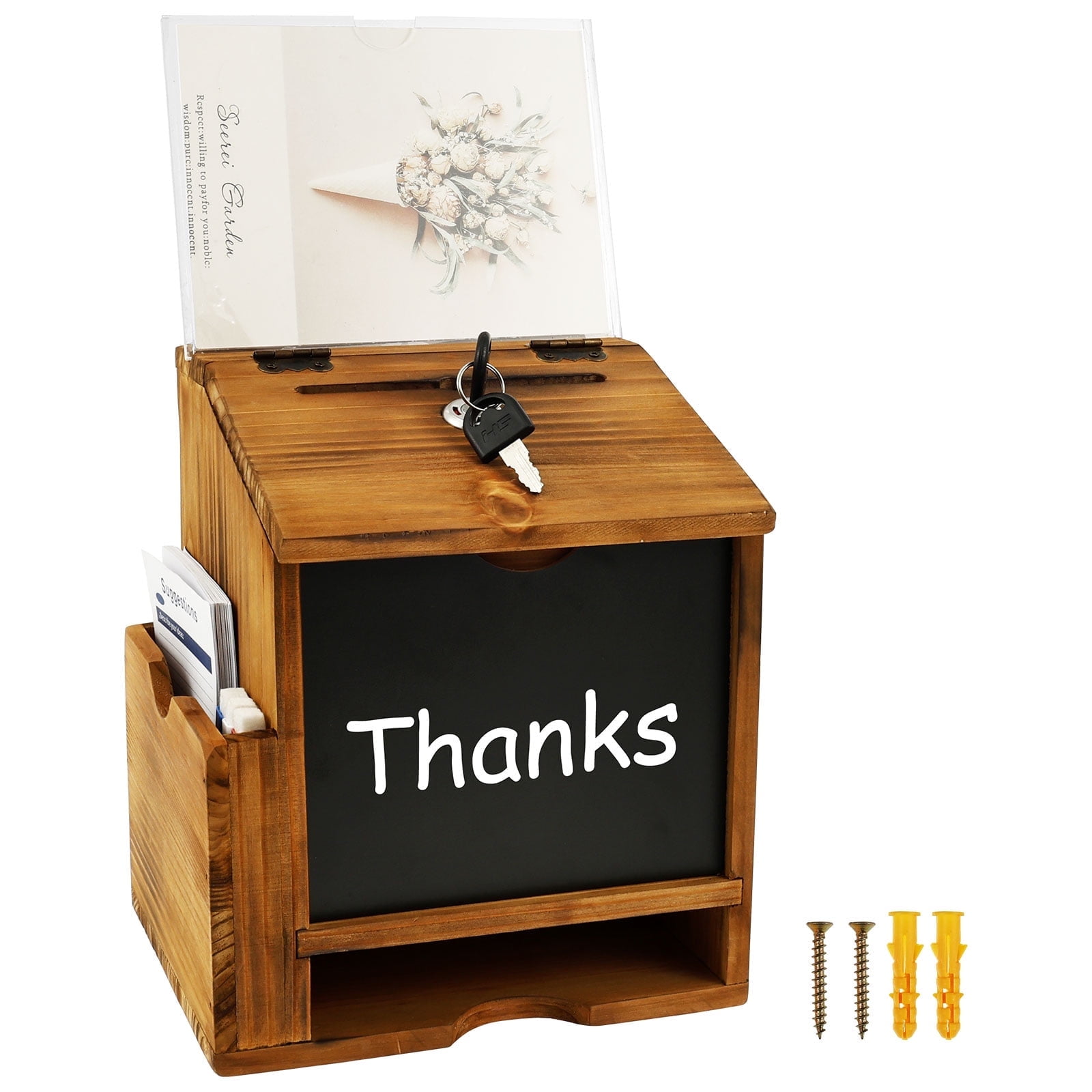Wood Suggestion Box with Slot and Lock Wall Mounted or Standing Donation Ballot Message Box Writable Blackboard