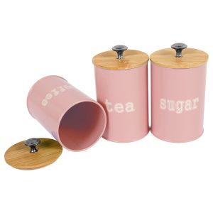 3Pcs Tea Coffee Sugar Canister Metal Kitchen Container with Airtight Bamboo Lid Countertop Round Coffee Storage Jar for Beans Flour Spice
