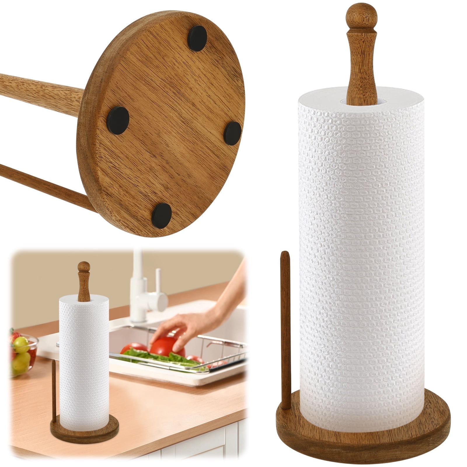 LINFANG Wooden Paper Towel Holder Stand Space Saving Countertop Towel Roll Organizer Easy Assembly Paper Roll Holder Rack for Kitchen Countertop