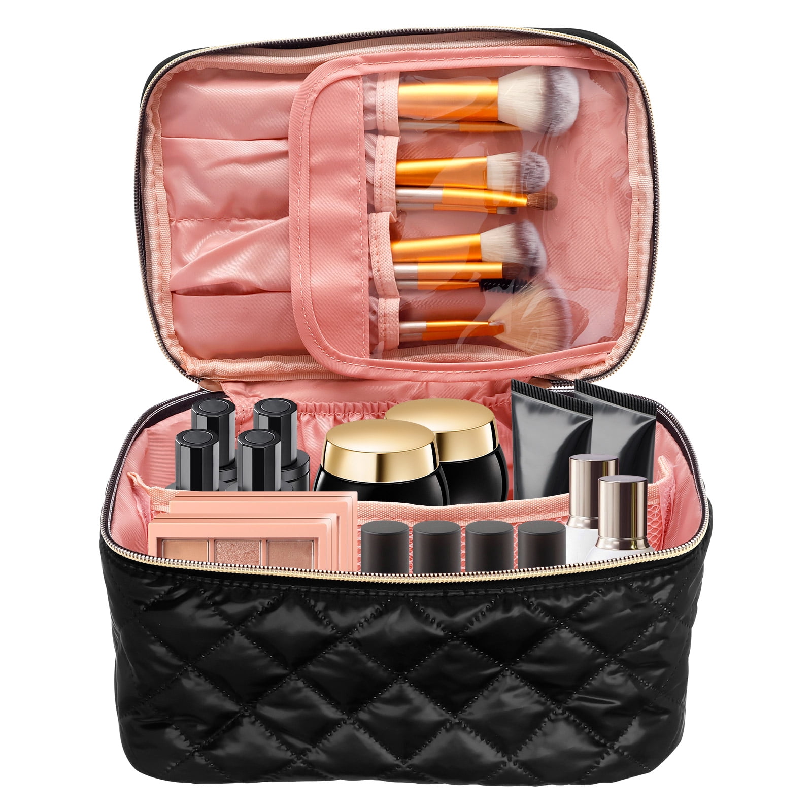 Travel Makeup Bag Large Capacity Portable Cosmetic Organizer Bag Polyester Women Toiletry Case with Divider and Handle for Home Travel Suitcase