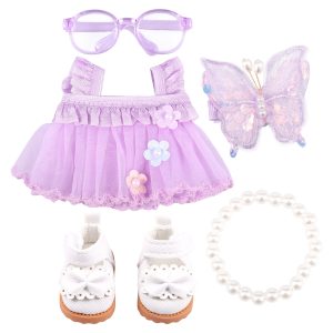 5 Pcs Doll Clothes Adorable Purple Doll Dress Accessories Sets with Butterfly Headwear Necklace Shoe for 15cm and 17cm Doll Exquisite Clothing Set Christmas Present