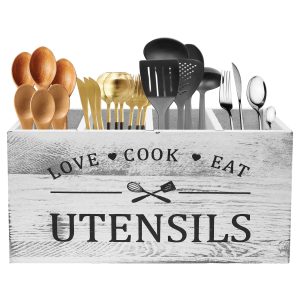 Wooden Utensil Holder Sturdy Kitchen Cooking Utensil Organizer with 4 Compartment and Drainage Bottom Flatware Organizer Utensil Crock Holder Silverware Organizer for Utensil