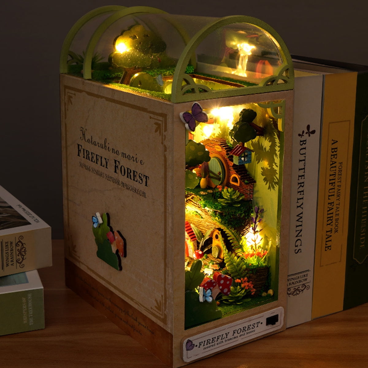 OROMYO DIY Book Nook Kit 3D Wooden Puzzle Firefly Forest Bookend Decor with Furniture and LED Light DIY Miniature Houses Kit Educational Dollhouse Model Building Kits for Kids Adults
