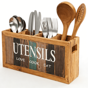 Wooden Utensil Holder Sturdy Kitchen Cooking Utensil Organizer with 4 Compartment and Drainage Bottom Flatware Organizer Utensil Crock Holder Silverware Organizer for Utensil