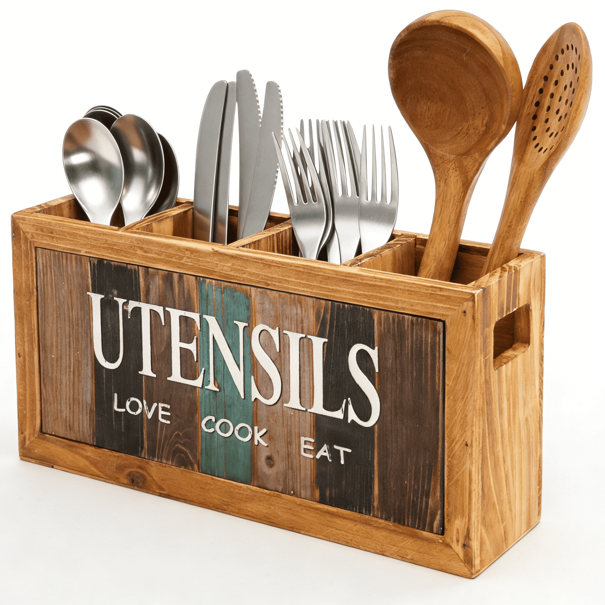 Wooden Utensil Holder Sturdy Kitchen Cooking Utensil Organizer with 4 Compartment and Drainage Bottom Flatware Organizer Utensil Crock Holder Silverware Organizer for Utensil