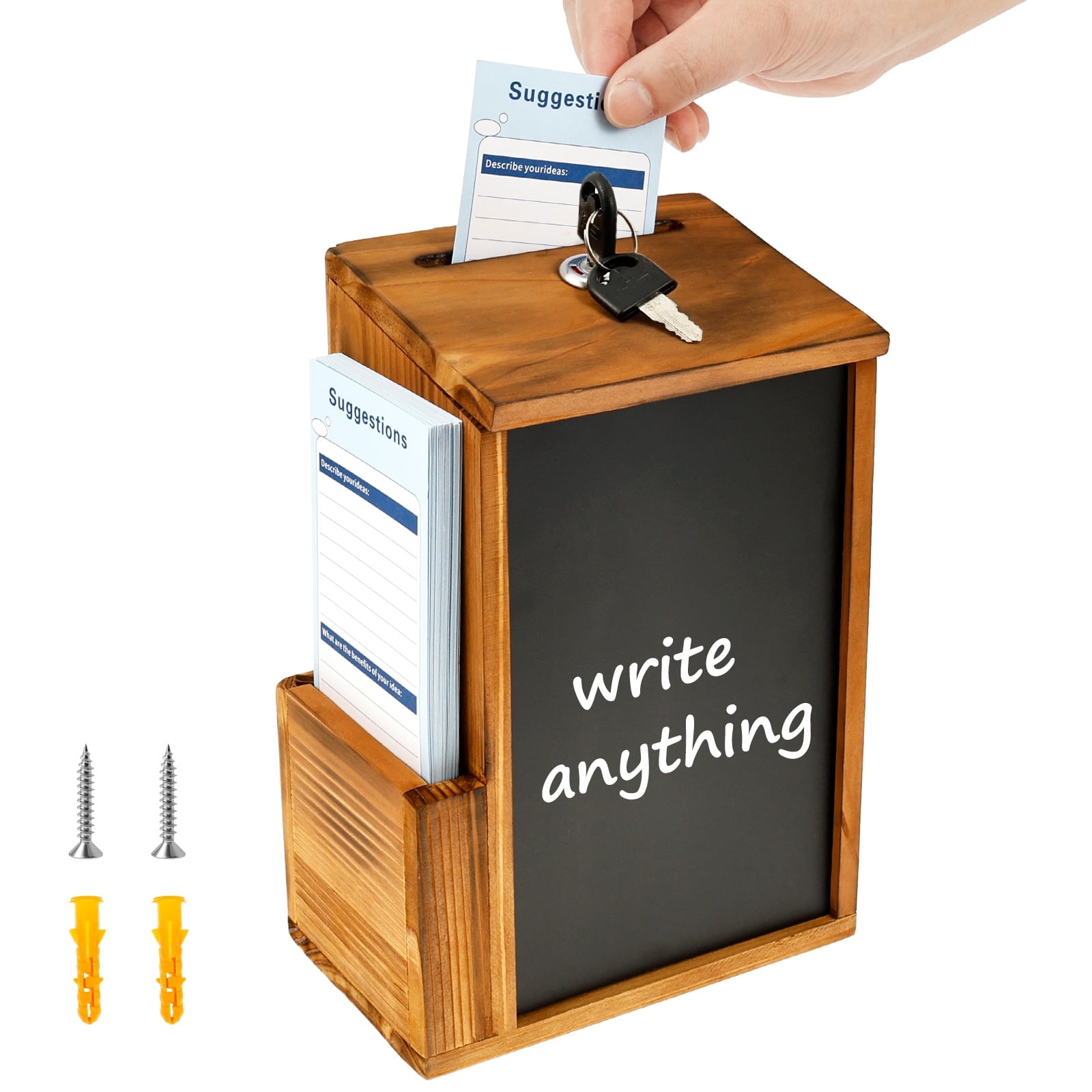 Wood Suggestion Box with Slot and Lock Sturdy Donation Box with 50 Suggestion Cards and 2 Keys for Office School Restaurant Supermarket