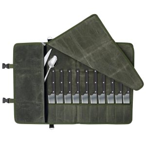 Knife Roll Bag Waxed Canvas Chef Knife Bag 10 Slots Large Kitchen Knives Cases with Zipper Pocket for Chefs Culinary Traveling