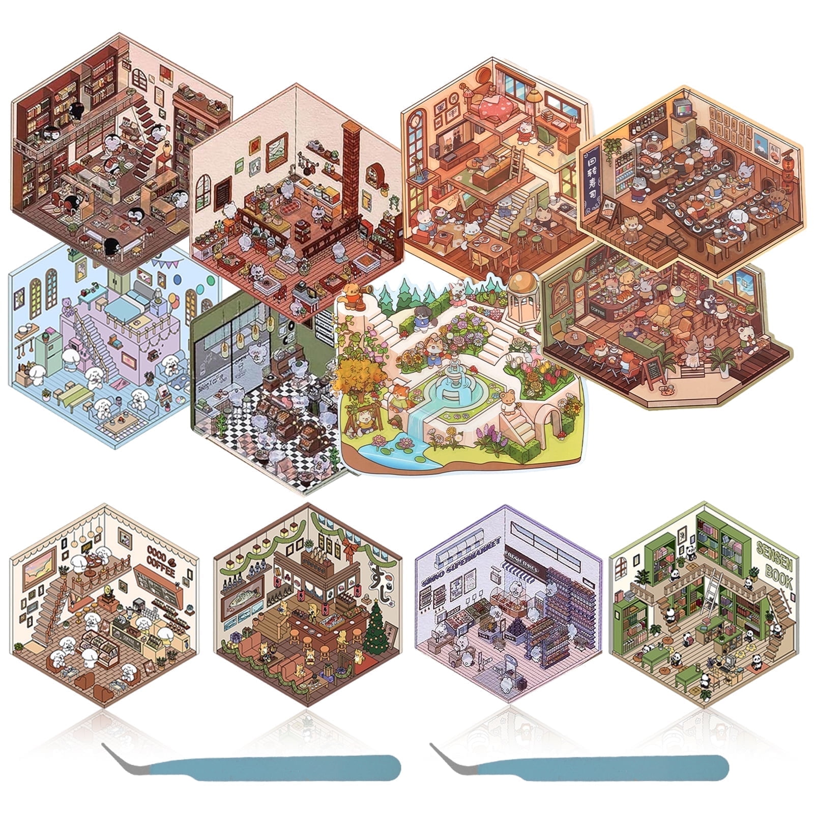 12PCS DIY 3D Sticker Scene Fun 3D House Sticker Therapy Set Decorative 3D Room Sticker Book 3D Miniature Scene Stickers for Adults Kids to Reduce Stress Pass the Time