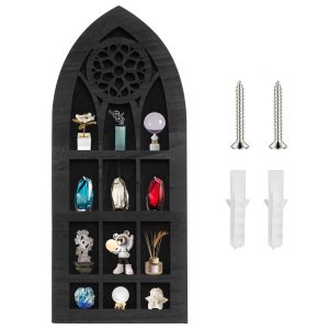 Gothic Window Crystal Shelf Display Wooden Crystal Display Rack Wall Mounted Gem Stone Rock Storage Holder Exquisite Crystal Wall Shelf Essential Oil Shelf for Home Living Room