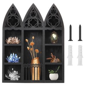 Gothic Window Crystal Shelf Display Wooden Crystal Display Rack Wall Mounted Gem Stone Rock Storage Holder Exquisite Crystal Wall Shelf Essential Oil Shelf for Home Living Room