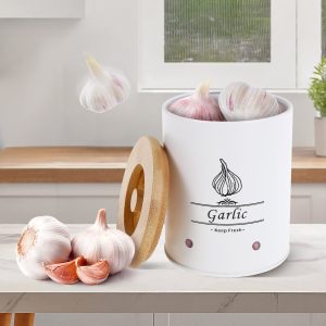 Garlic Keeper Fresh Keeping Versatile Garlic Holder Garlic Storage Box with Wood Lid Ventilated Garlic Storage Container Large Capacity Garlic Saver for Kitchens