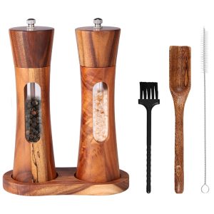 2 Pcs Wood Salt and Pepper Grinder Set Adjustable Coarseness Salt and Pepper Mill with Brush and Spoon for Home Kitchen Dining Room