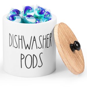 Round Dishwasher Pod Holder, Dishwasher Tablet Container for Kitchen Decor and Accessories, Wood Laundry Detergent Pods Container with Lid, Kitchen Storage Container for Laundry Pods