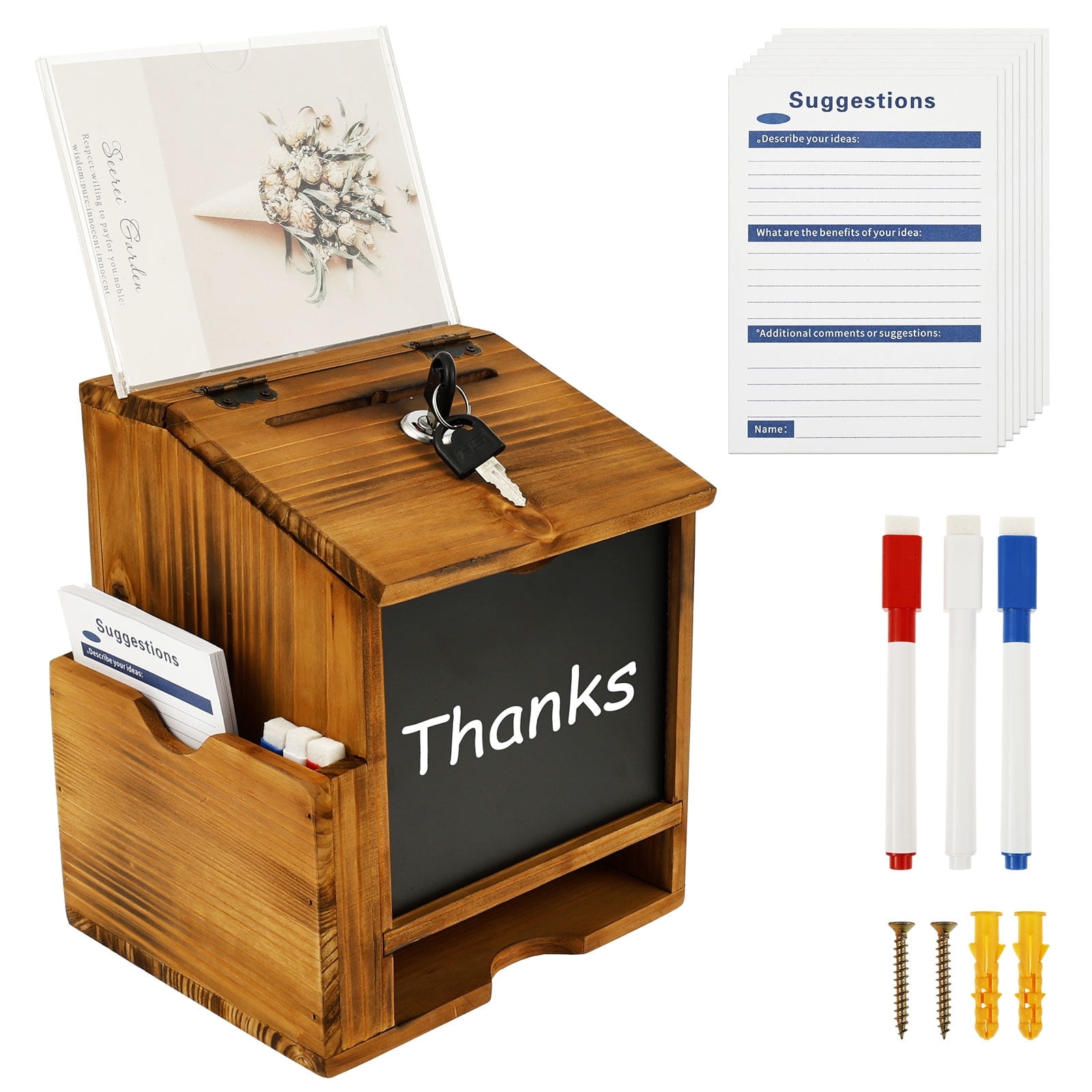 Wood Suggestion Box with Slot and Lock Wall Mounted or Standing Donation Ballot Message Box Writable Blackboard