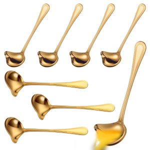 8 Pcs Gravy Ladle Stainless Steel Small Ladle Spoon with Pour Mouth and Long Handle Multifunctional Sauce Spoon for Home Restaurant Banquet