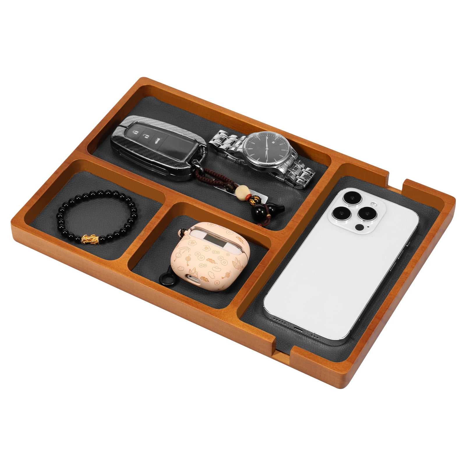 Wooden Valet Tray with PU Leather Lay Wood Storage Organizer Tray with 4 Compartment Desktop Storage Organizer for Phone Earbud Key Jewelry